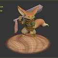 Fox Game Character Crouching Holding Large Axe Wearing Green Top Red Scarf And Yellow Cape