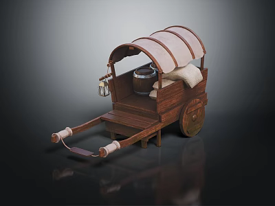 Vintage Wooden Carriage With Canvas Canopy Lantern Pillow And Wooden Wheels 3d model