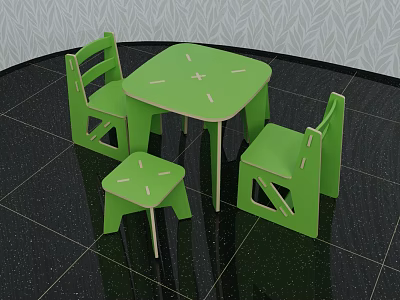 Green Kids Table with Matching Chairs and Stool for Children's Playroom 3d model