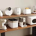 Essential Modern Kitchen Appliances on Organized Wooden Shelves Kettle Rice Cooker Air Fryer Toaster Microwave