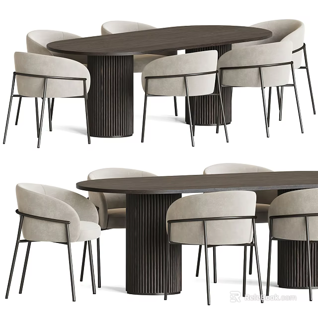 Modern Minimalist Dining Table Set With Grooved Wooden Column Base And Beige Upholstered Chairs 3d model 