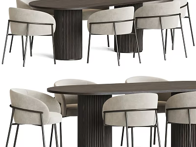 Modern Minimalist Dining Table Set With Grooved Wooden Column Base And Beige Upholstered Chairs 3d model