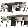 Modern Minimalist Dining Table Set With Grooved Wooden Column Base And Beige Upholstered Chairs