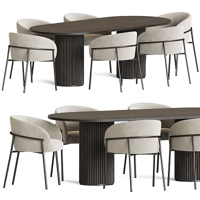 Modern Minimalist Dining Table Set With Grooved Wooden Column Base And Beige Upholstered Chairs 3d model