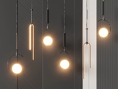 Modern Pendant Lights Hanging With Bright Illuminated Bulbs And Metallic Frames 3d model
