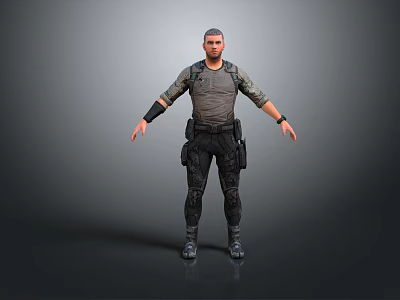 Tactical Male Character 3D Model Standing With Gray Top Black Pants And Wrist Guards 3d model