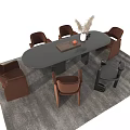 Oval Black Dining Table Set With Brown Chairs Decorative Vase And Gray Rug