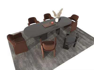 Oval Black Dining Table Set With Brown Chairs Decorative Vase And Gray Rug 3d model