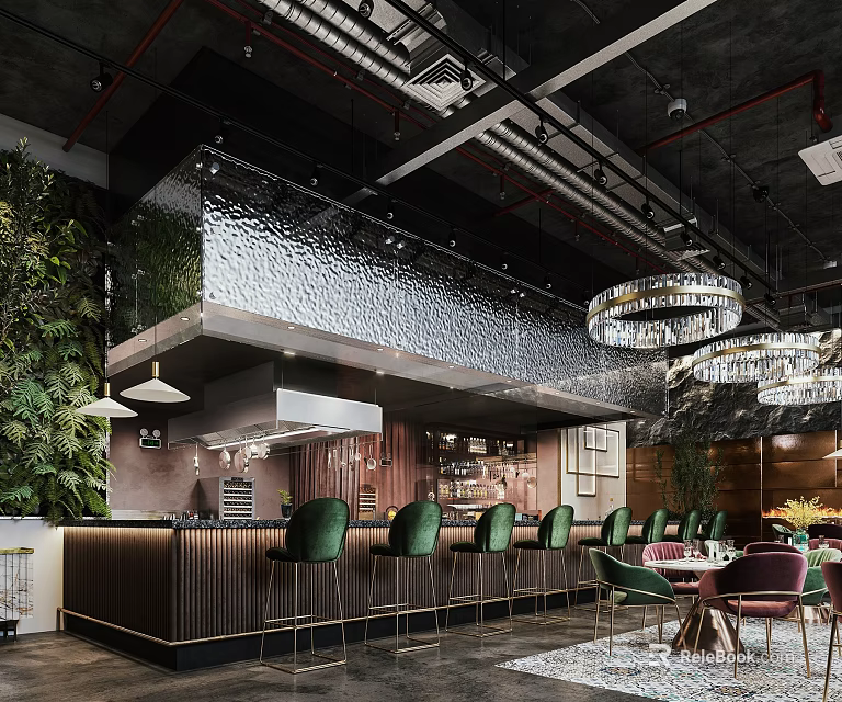 Elegant Modern Restaurant Interior With Green Bar Seats Crystal Chandeliers And Greenery 3d model 