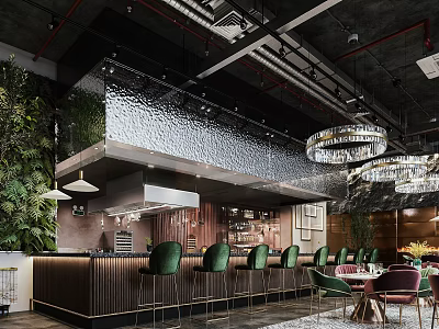 Elegant Modern Restaurant Interior With Green Bar Seats Crystal Chandeliers And Greenery 3d model