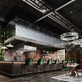 Elegant Modern Restaurant Interior With Green Bar Seats Crystal Chandeliers And Greenery