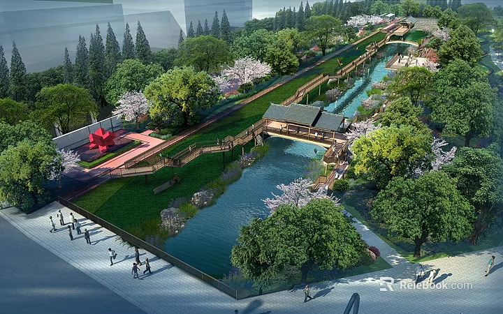 Scenic Garden Landscape With Traditional Pavilion Flowing Stream Cherry Blossom Trees And Wooden Walkway 3d model 