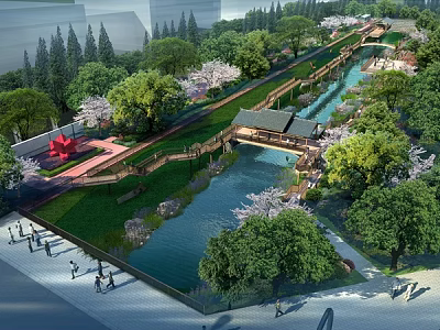 Scenic Garden Landscape With Traditional Pavilion Flowing Stream Cherry Blossom Trees And Wooden Walkway 3d model