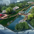 Scenic Garden Landscape With Traditional Pavilion Flowing Stream Cherry Blossom Trees And Wooden Walkway