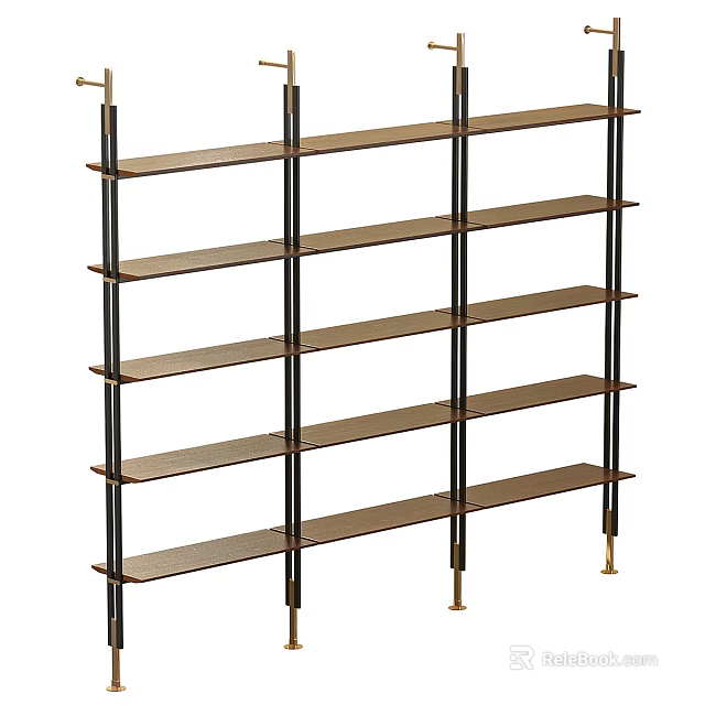 Multi Tier Modern Display Shelf With Wooden Shelves And Metal Frame Structure 3d model 