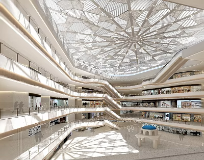 Spacious Shopping Mall Atrium With Multiple Floors And Modern Ceiling Design 3d model