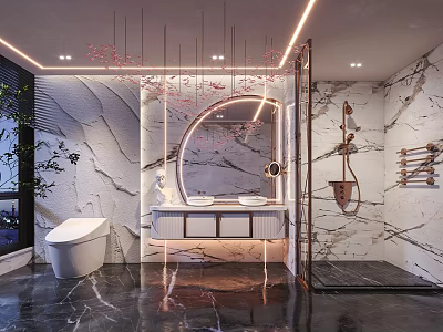 Modern Bathroom Interior With Marble Walls Round Mirror Vanity Smart Toilet And Shower Area Lighting 3d model