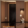 Modern Entryway Hallway With Brown Walls Black Marble Accent Wall Pendant Lights And Astronaut Sculpture