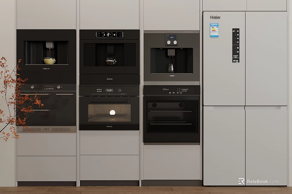 Modern Kitchen Built in Household Appliances Including Haier Refrigerator Oven and Coffee Maker 3d model 