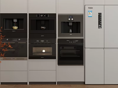 Modern Kitchen Built in Household Appliances Including Haier Refrigerator Oven and Coffee Maker 3d model