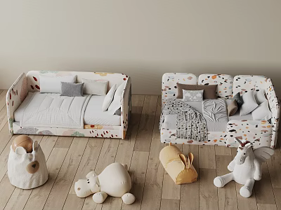 Two Cozy Kids Beds with Patterned Bedding on Wooden Floor and Plush Toys Around 3d model