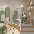 Kindergarten Classroom Interior With Cloud Decor Bookshelves Circular Windows And Green Plants