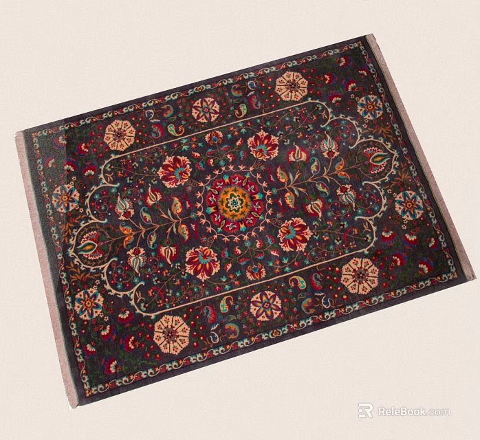 Intricate Floral Patterned Rug On Deep Red Background With Central Medallion And Multicolored Design 3d model