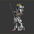 Game Movie Character Mech Warrior With Yellow Horn Blue White Gray Holding Spear Red Accents