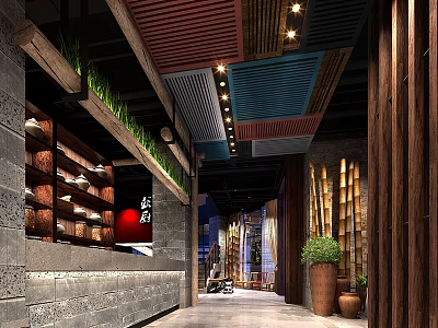 Rustic Restaurant Interior With Wooden Ceiling Colorful Panels Green Plants And Bamboo Decor 3d model