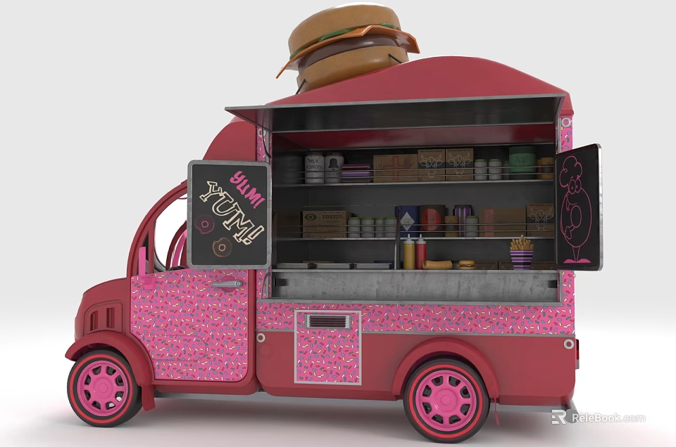 Pink Food Truck With Open Doors Food Items Condiments And Burger On Top 3d model 