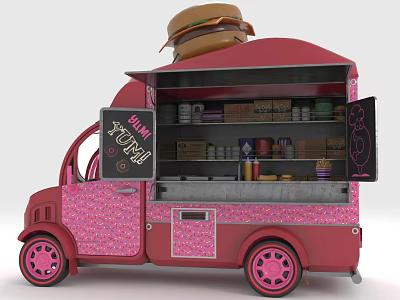 Pink Food Truck With Open Doors Food Items Condiments And Burger On Top 3d model