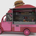 Pink Food Truck With Open Doors Food Items Condiments And Burger On Top