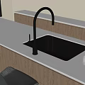 Black Kitchen Sink With Faucet Water Flowing And Glass Cups On White Countertop Wooden Cabinets