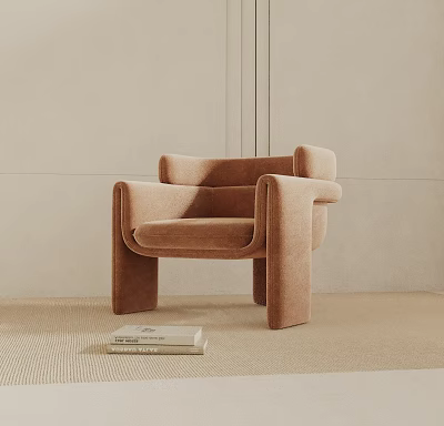 Minimalist Beige Fabric Accent Chair With Armrest And Square Legs In Modern Interior 3d model