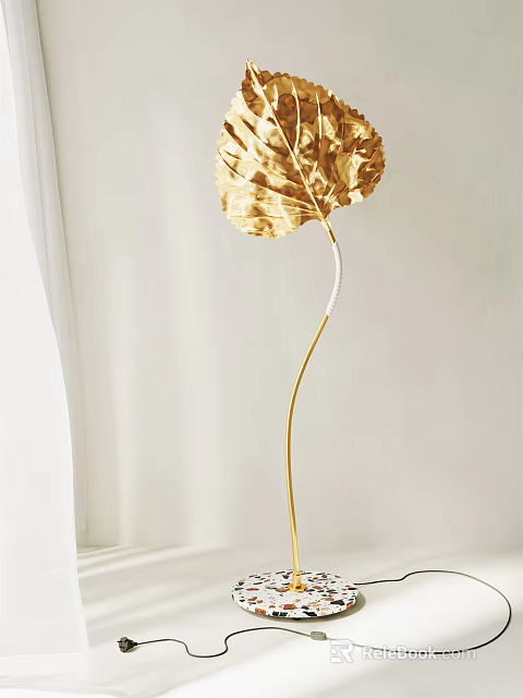 Elegant Gold Leaf Shaped Floor Lamp With Modern Curved Stem Design 3d model