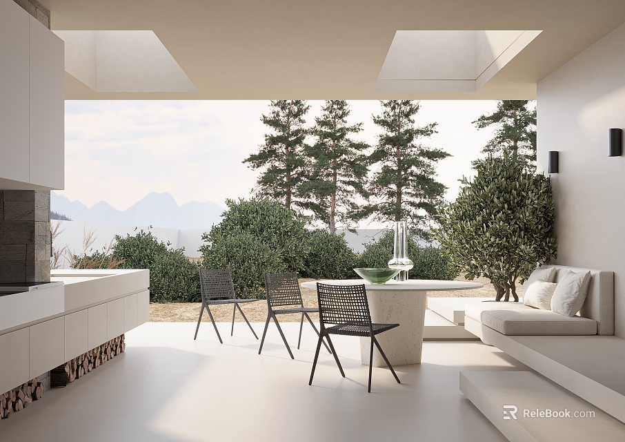 Modern Home Balcony Design With Skylights Outdoor Furniture Green Plants And Mountain View 3d model 