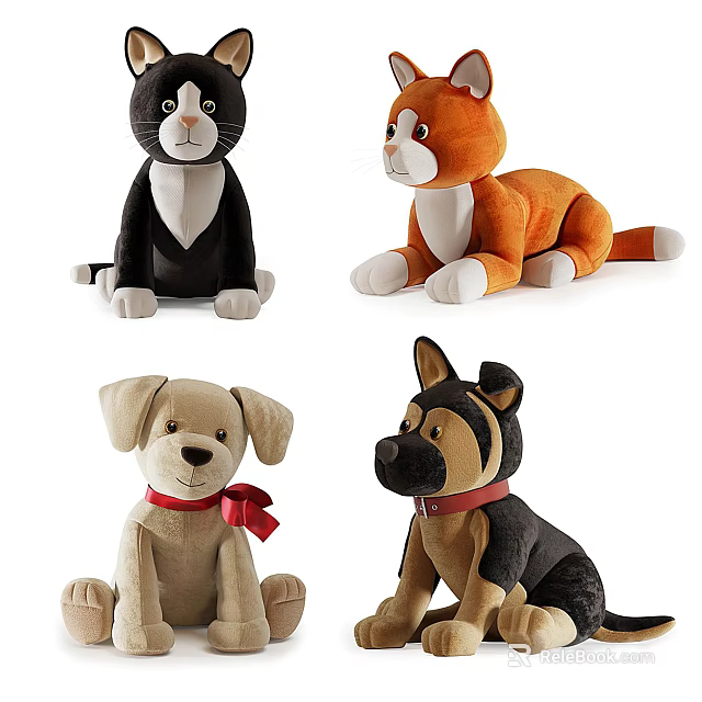 Plush Cat and Dog Stuffed Toys with Red Bow Collar and Colorful Details 3d model 