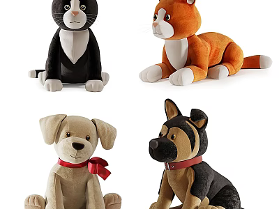 Plush Cat and Dog Stuffed Toys with Red Bow Collar and Colorful Details 3d model