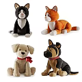 Plush Cat and Dog Stuffed Toys with Red Bow Collar and Colorful Details