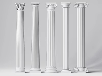 Classical White Roman Columns in Various Styles on Light Gray Background 3d model