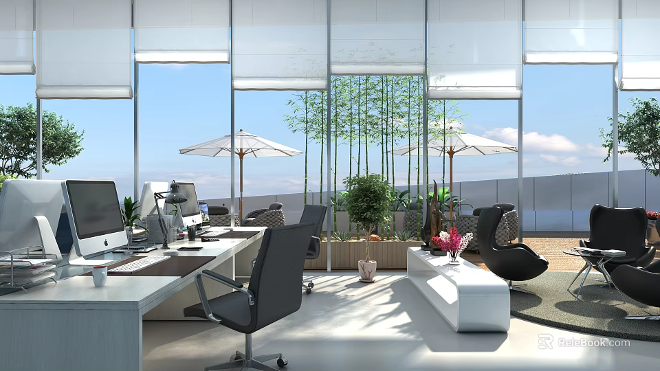 Modern Open Public Office Space With Large Windows Green Plants Computers And Outdoor View 3d model 