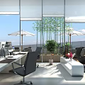 Modern Open Public Office Space With Large Windows Green Plants Computers And Outdoor View 3d model