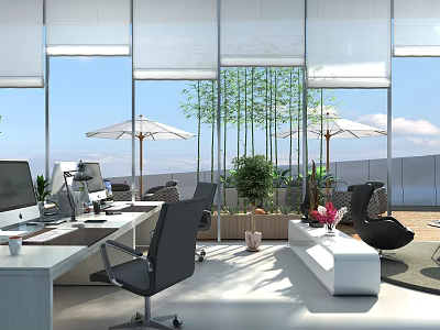 Modern Open Public Office Space With Large Windows Green Plants Computers And Outdoor View 3d model