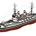 Vintage Warship With White And Red Hull Two Masts And Smokestacks Sailing On Open Ocean