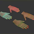 Four Human Hands With Red Nail Polish On Dark Background In Different Positions