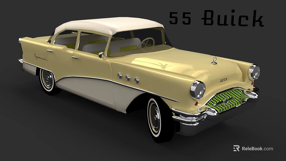 1955 Buick Classic Car With Cream White Body And Chrome Accents 3d model 