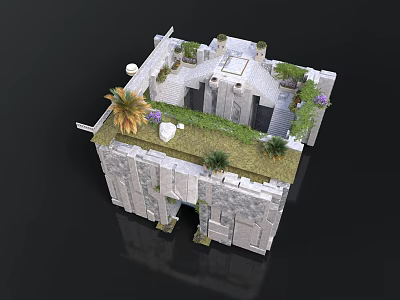 Ancient Stone Building Courtyard Design With Grass Roof Palm Trees And White Decorations 3d model