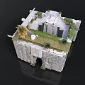 Ancient Stone Building Courtyard Design With Grass Roof Palm Trees And White Decorations