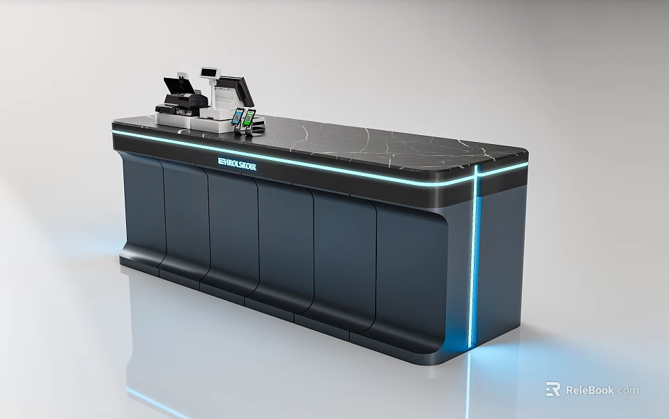 Modern Cashier Counter With Black Countertop Blue LED Strip Lighting And Cash Register Equipment 3d model 