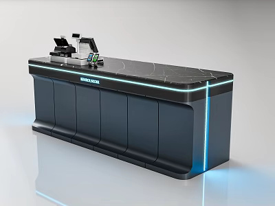 Modern Cashier Counter With Black Countertop Blue LED Strip Lighting And Cash Register Equipment 3d model